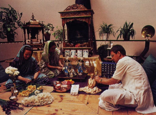 The Devotee Worship The Deities of Srila Prabhupada,Lord Caitanya and Lord Nityananda